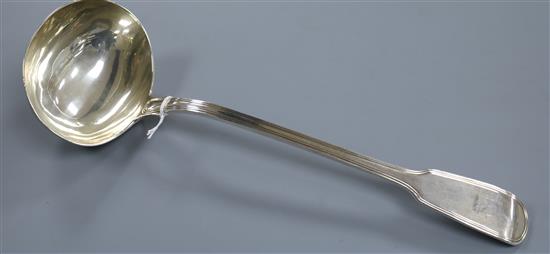 A George IV silver fiddle and thread pattern soup ladle, William Eaton, London, 1829, 9 oz.
